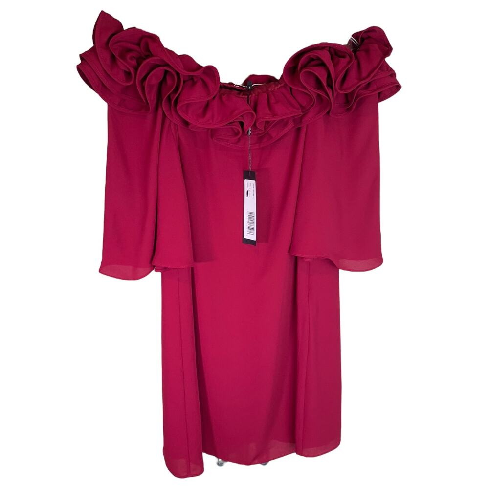 Halston Heritage Mini‎ Dress Womens S Maroon Off The Shoulder Ruffled Neck NWT